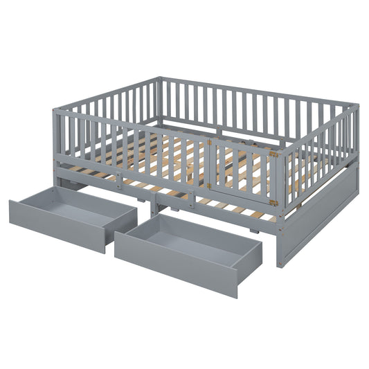 Daybed With Fence Guardrails And 2 Drawers, Split Into Independent Floor Bed & Daybed