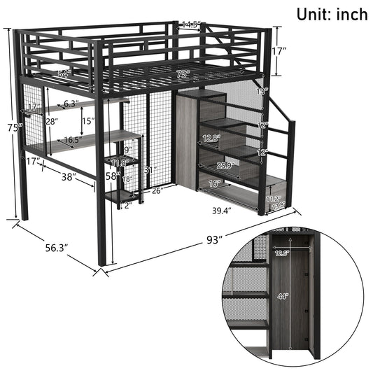 Metal Loft Bed With Wardrobe, Desk, Storage Shelves