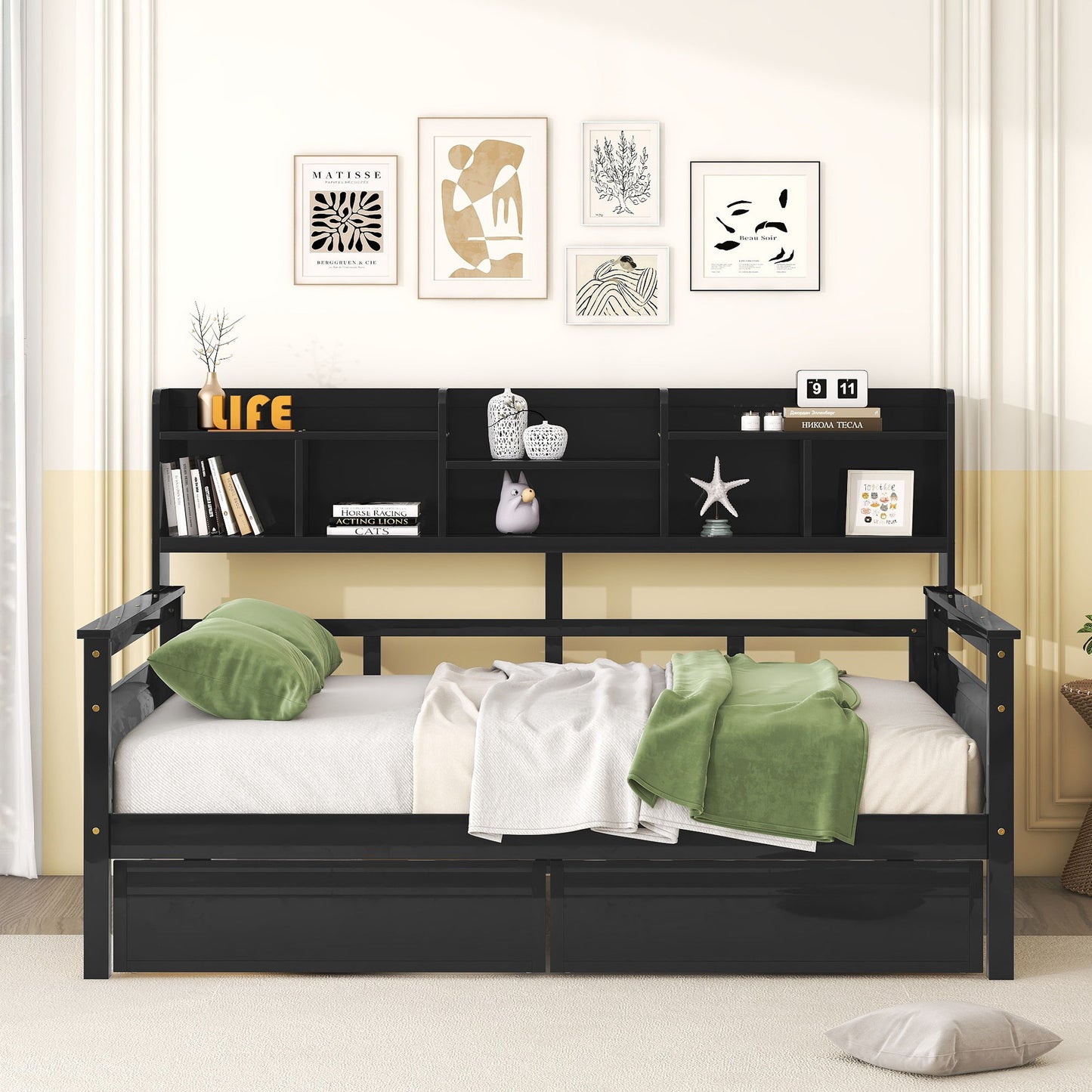 Daybed, Wood Slat Support, With Bedside Shelves And Two Drawers