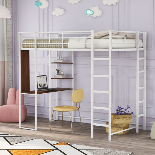 Hearth & Haven - Twin Metal Loft Bed With 2 Shelves And One Desk - White