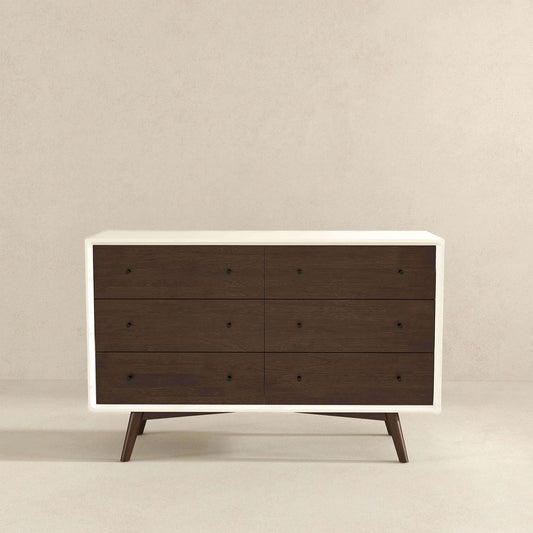 Mid-Century Modern White Dresser 6 Drawer - Dark Brown / White