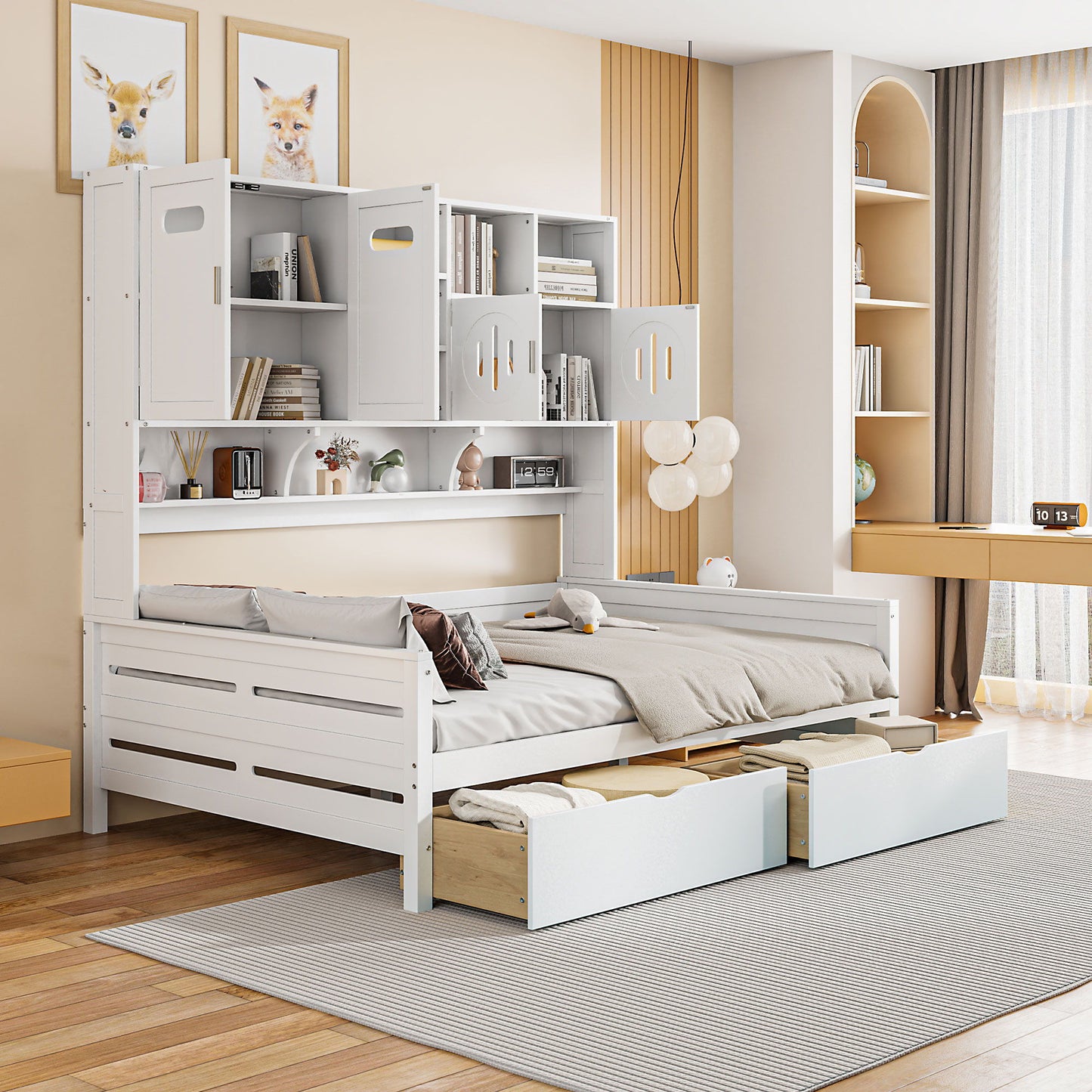 Daybed With All-In-One Cabinet And Shelf