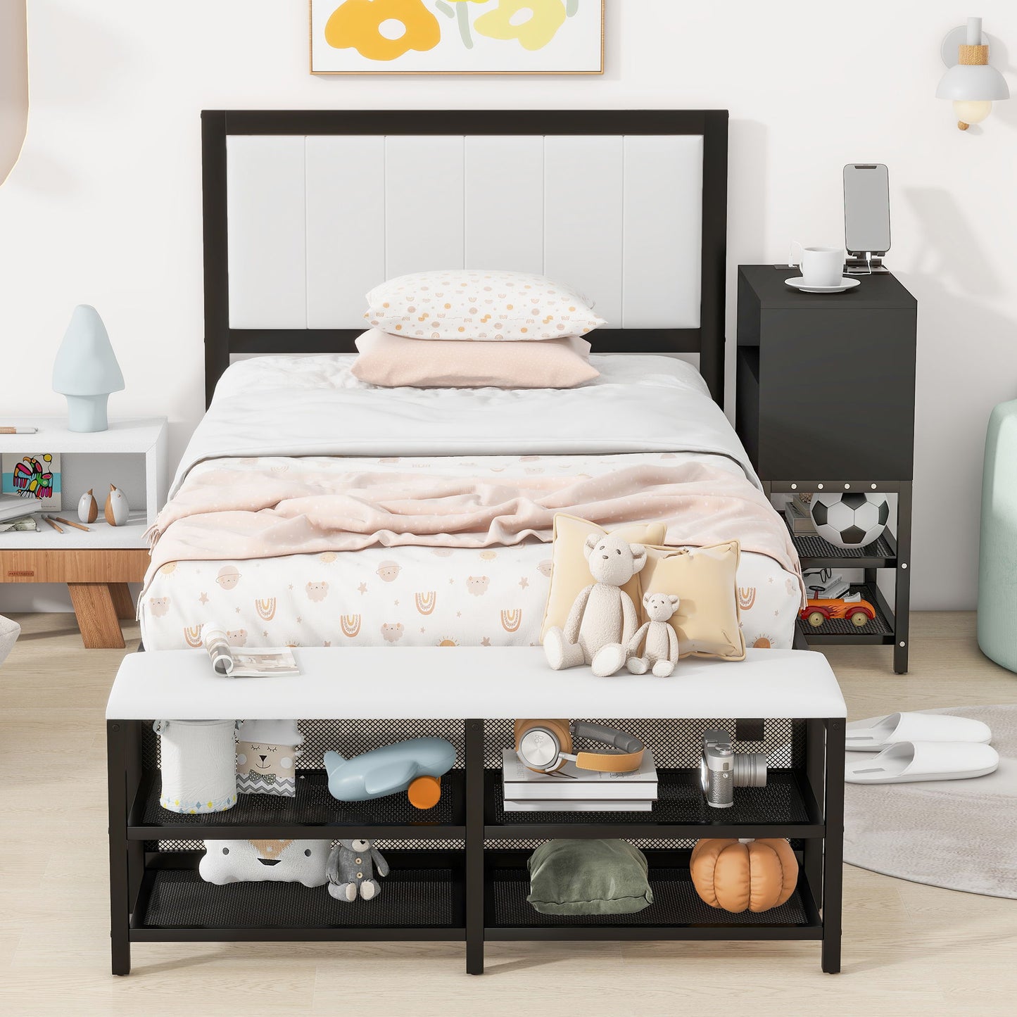 Platform Bed With 2 Tier Storage Shelves, Storage Cabinet
