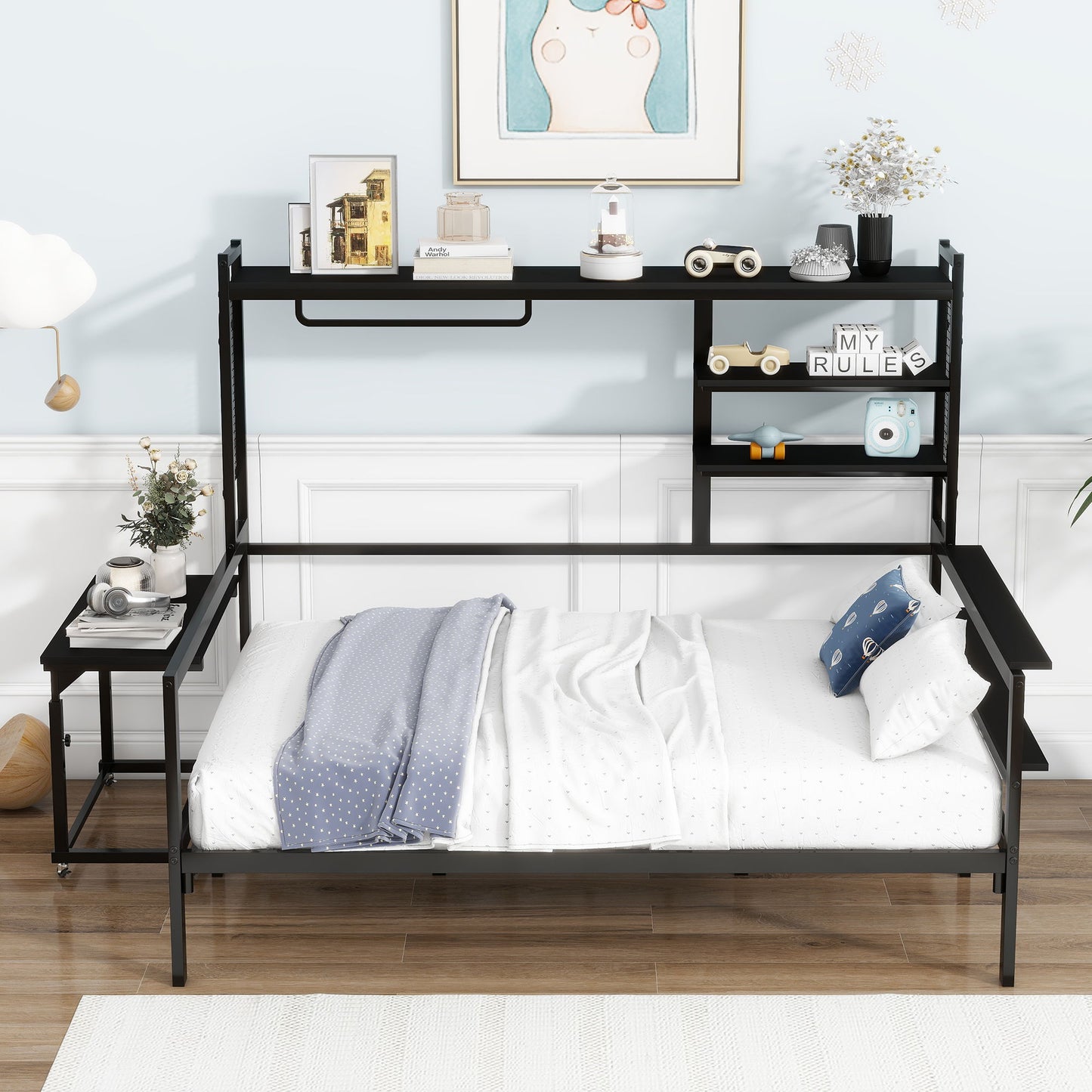 Daybed With Movable Desk, Grid, Shelves And Clothes Hanger