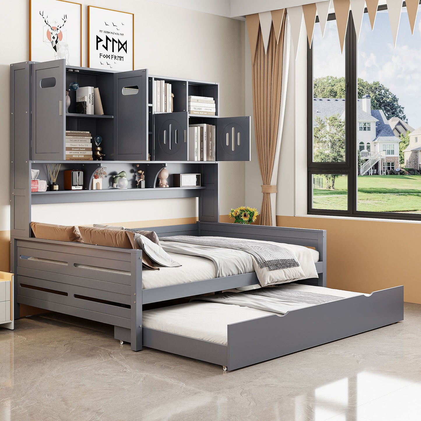 Daybed With All-In-One Cabinet And Shelf