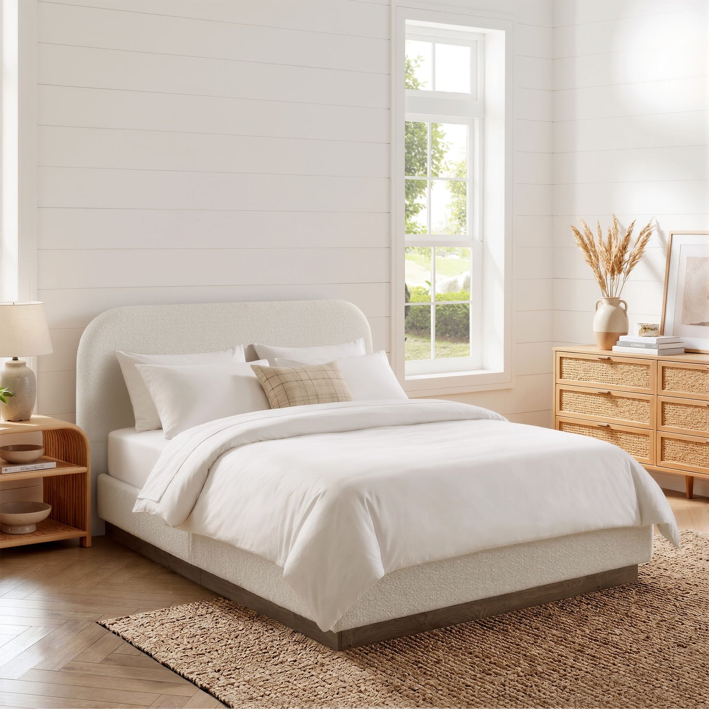 Linton - Queen Size Upholstered Platform Bed - Cream White / Light Grey / Camel Oak