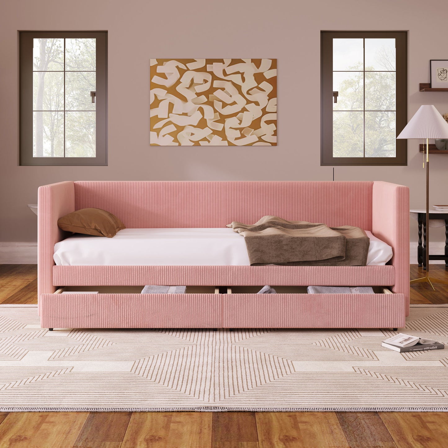 Corduroy Daybed With Two Drawers And Wood Slat
