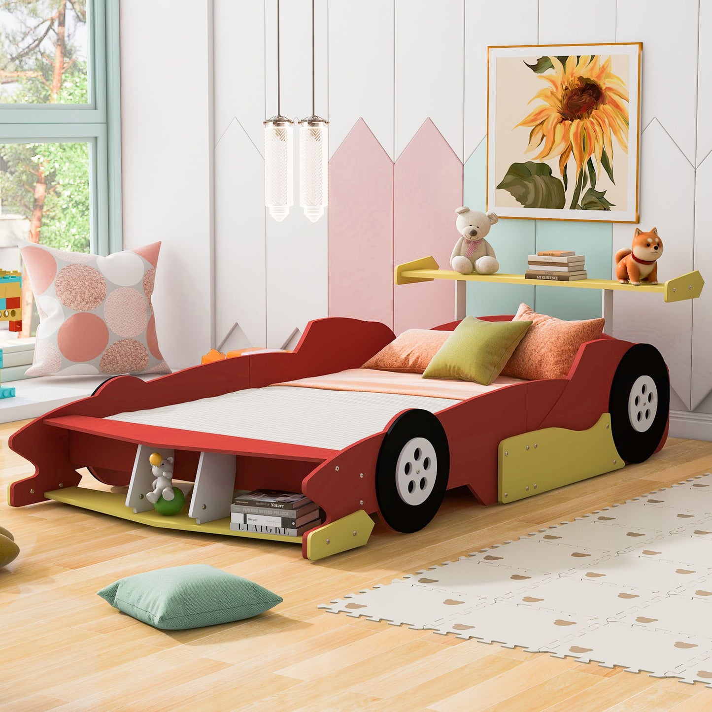 Race Car-Shaped Platform Bed With Wheels