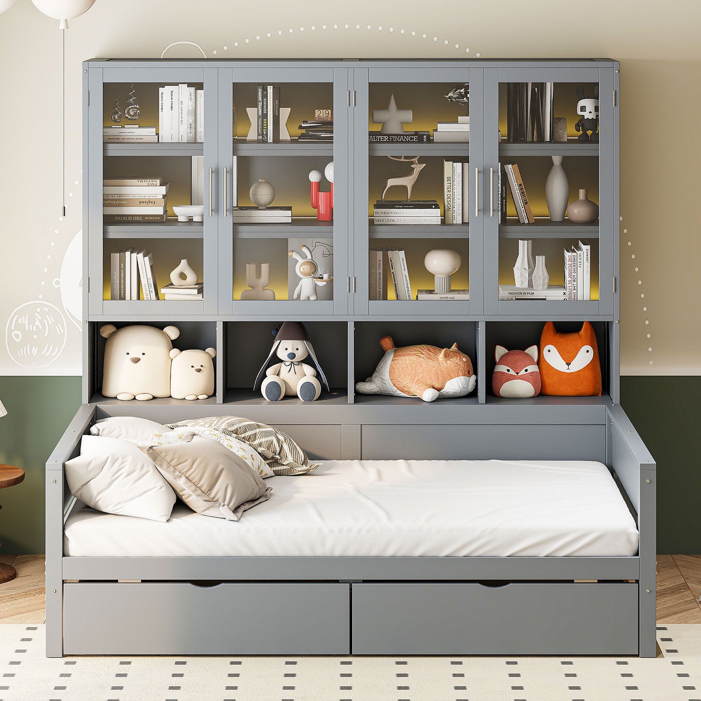 Daybed With Glass Door Storage Cabinets, Built In LED Lighting And Shelves