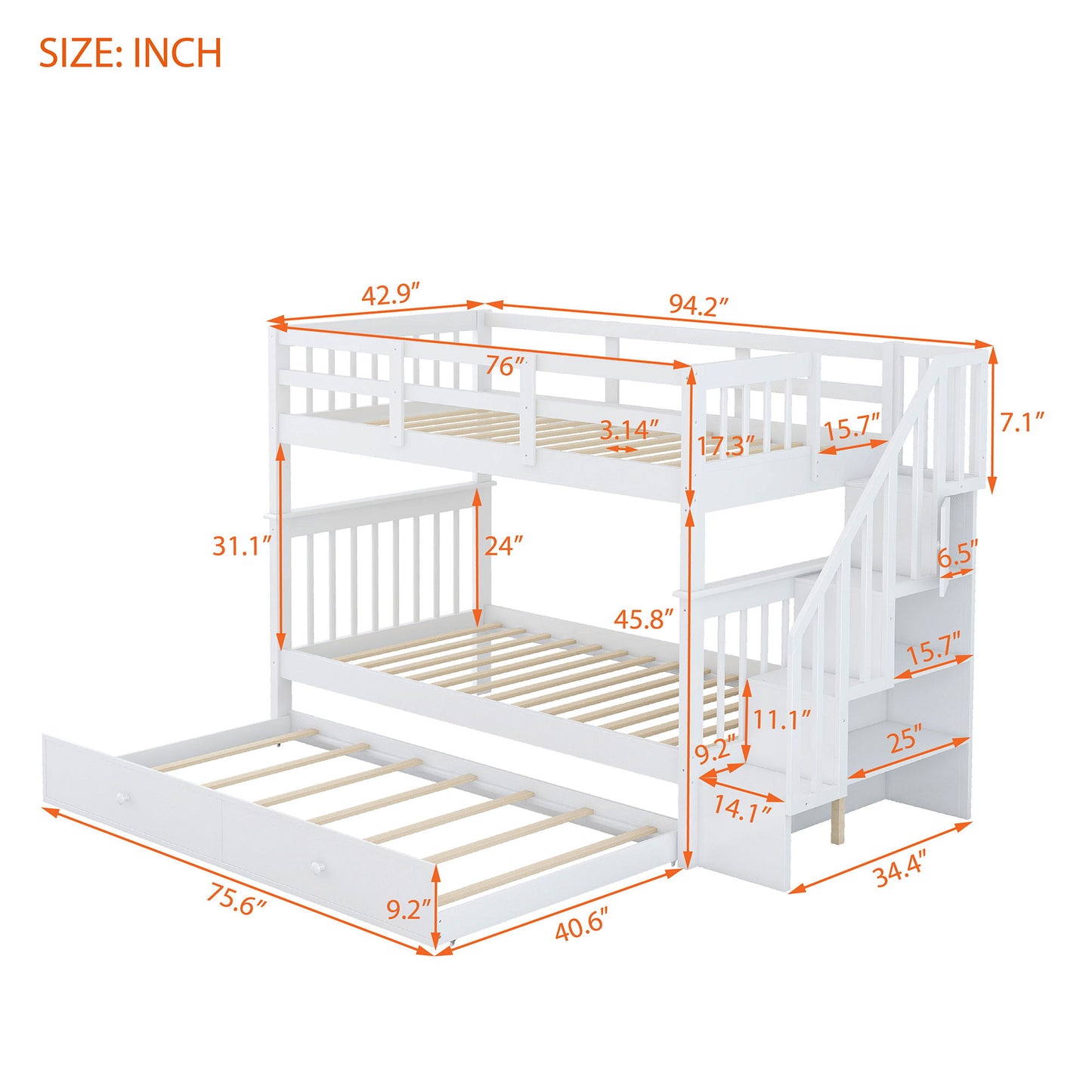 Stairway Bunk Bed With Storage And Guard Rail For Bedroom