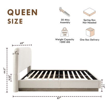Linton - Queen Size Upholstered Platform Bed - Cream White / Light Grey / Camel Oak
