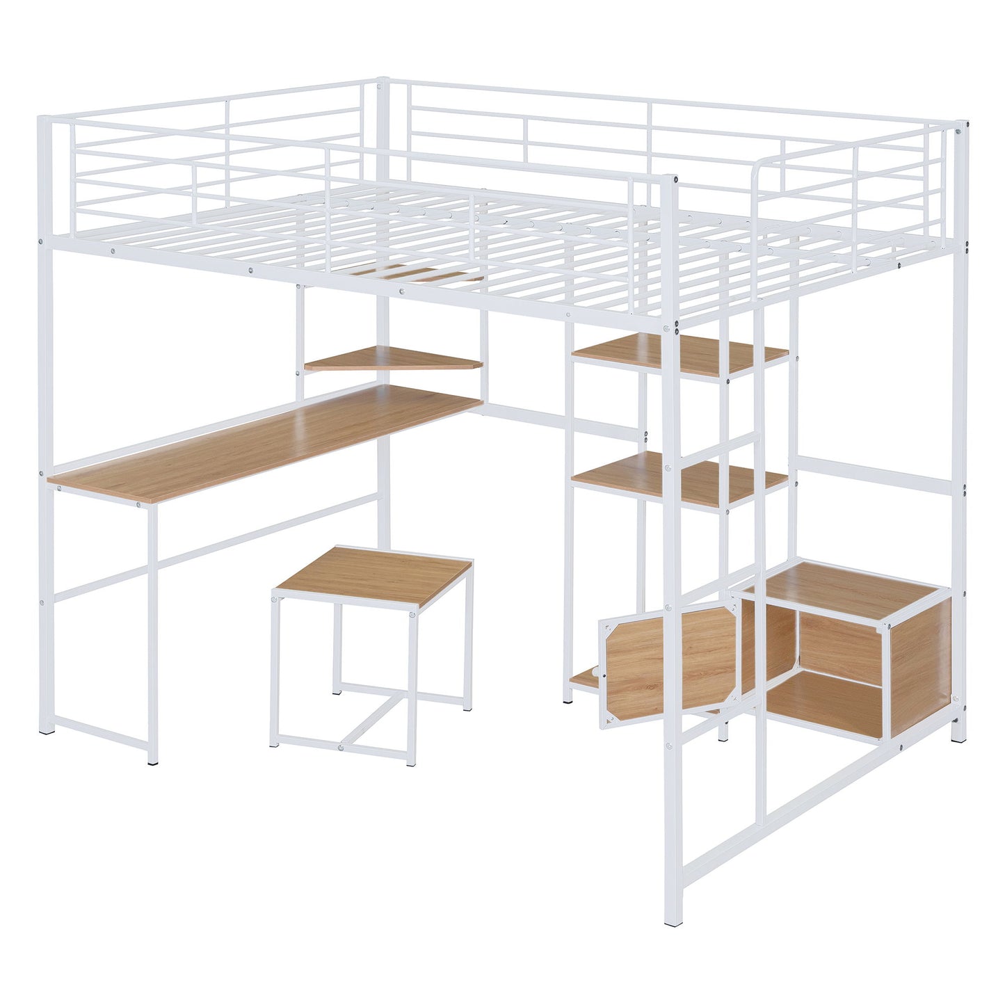 Full Size Loft Bed With Desk And Stool, With Open Style Wardrobe, Shelves And Cabinet - White