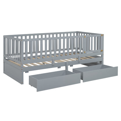 Daybed With Fence Guardrails And 2 Drawers, Split Into Independent Floor Bed & Daybed