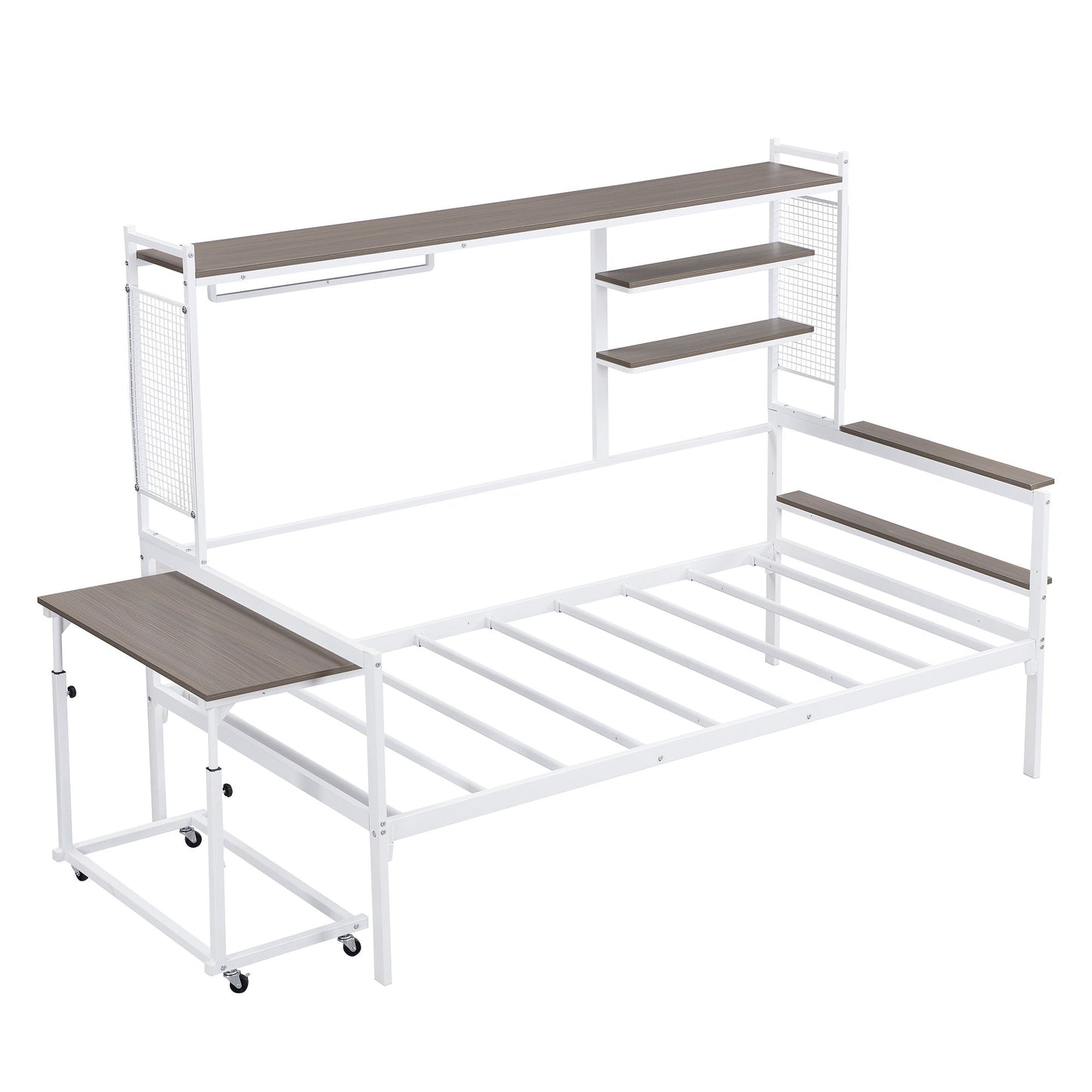 Daybed With Movable Desk, Grid, Shelves And Clothes Hanger