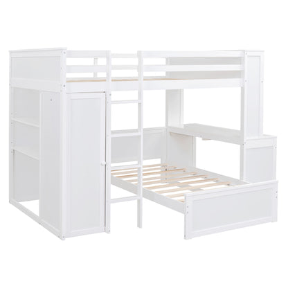 Loft Bed With A Twin Size Standalone Bed, Shelves, Desk, And Wardrobe
