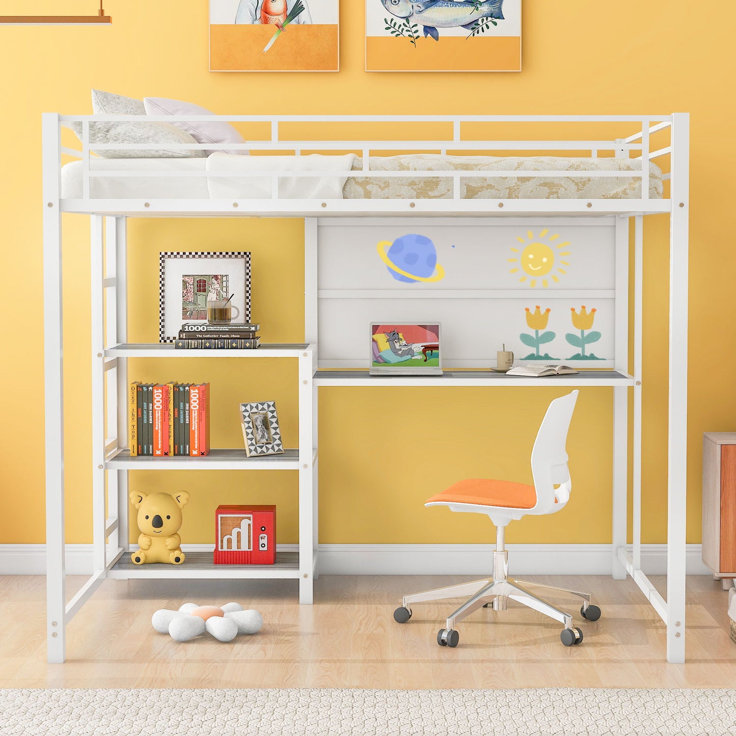 Metal Loft Bed With Desk, 3 Shelves And Ladder