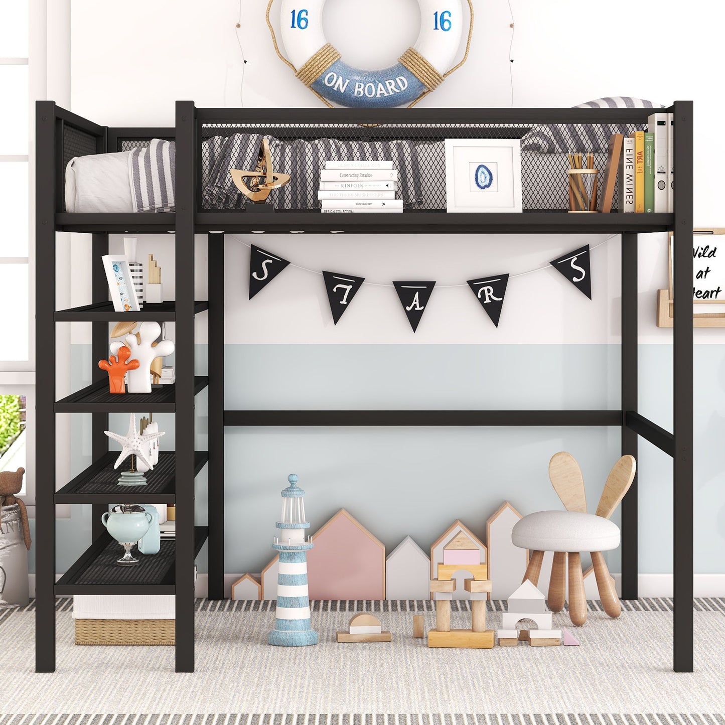 Loft Bed With 4 Tier Shelves And Storage