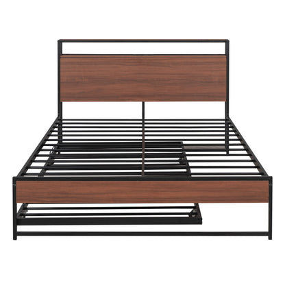 Platform Bed Frame With Trundle, USB Ports And Slat Support, No Box Spring Needed