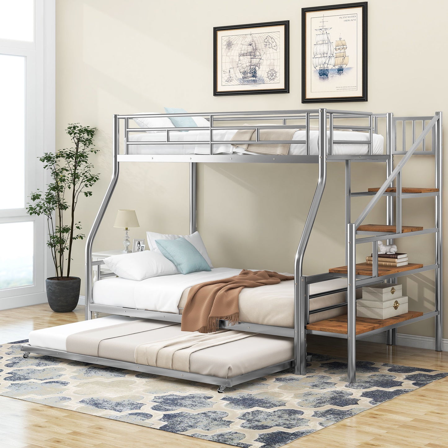 Metal Bunk Bed With Trundle And Storage Staircase
