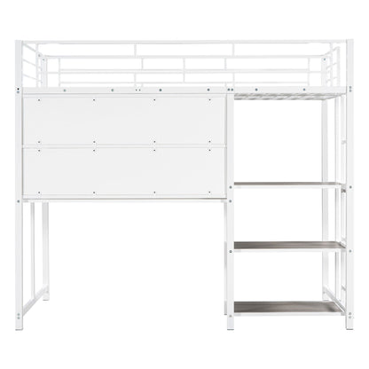 Metal Loft Bed With Desk, 3 Shelves And Ladder