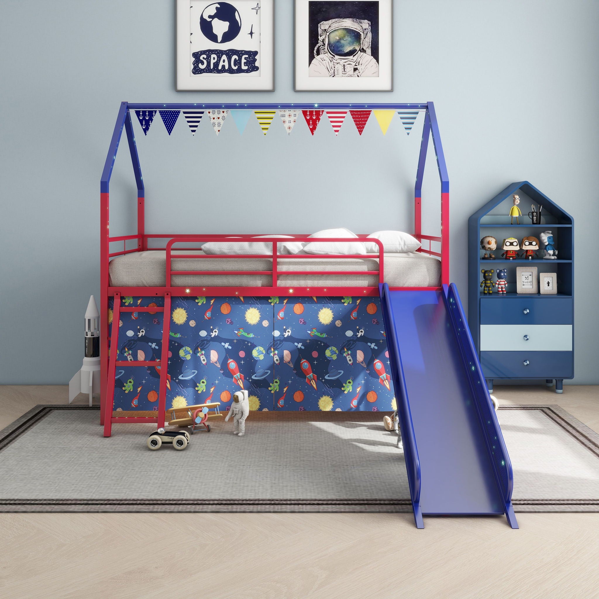 Jack - House Loft Bed With Slide And Curtain Set - Thumbnail 2
