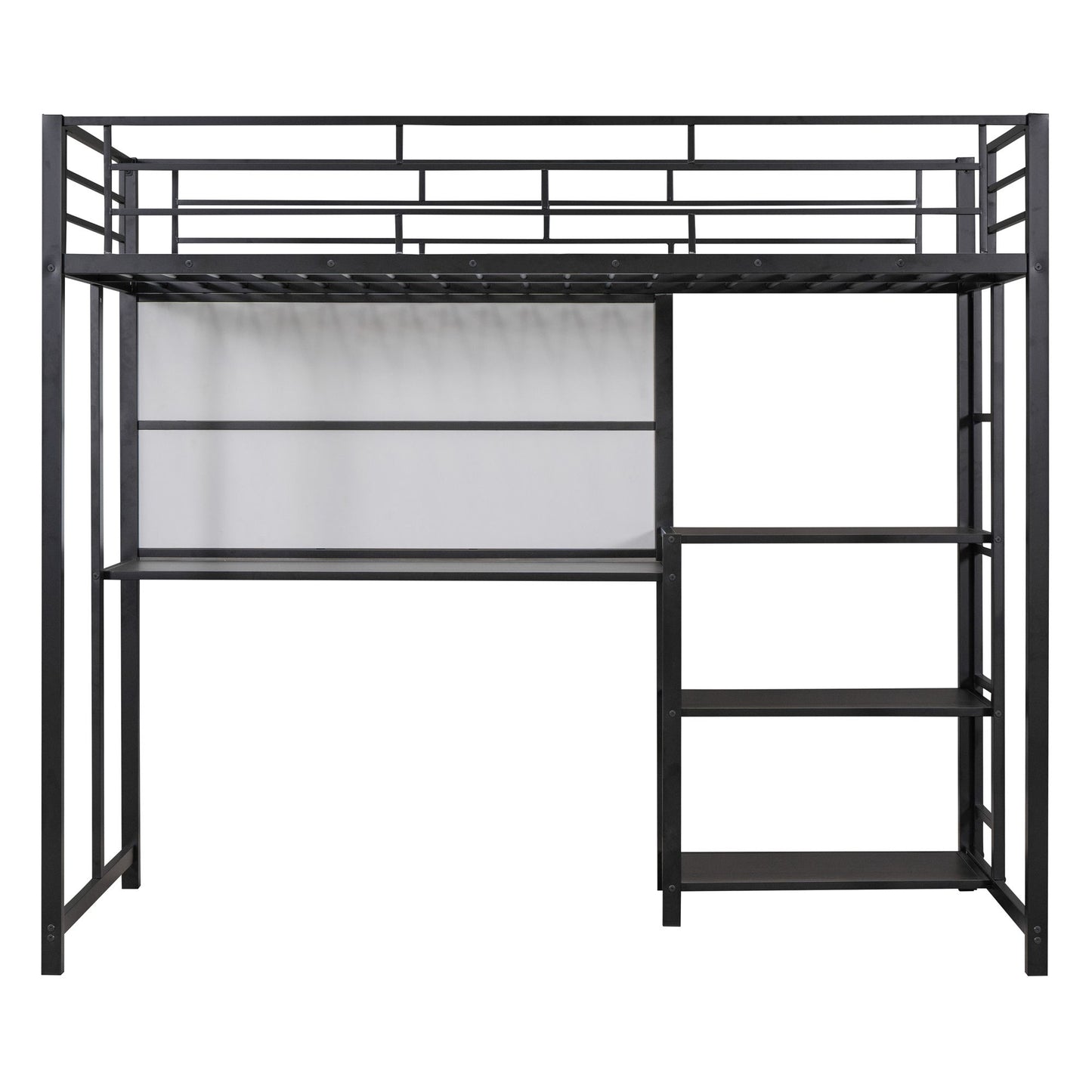 Metal Loft Bed With Desk, 3 Shelves And Ladder