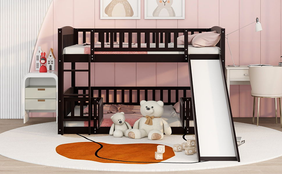 Low Bunk Bed With Slide, Fence And Ladder