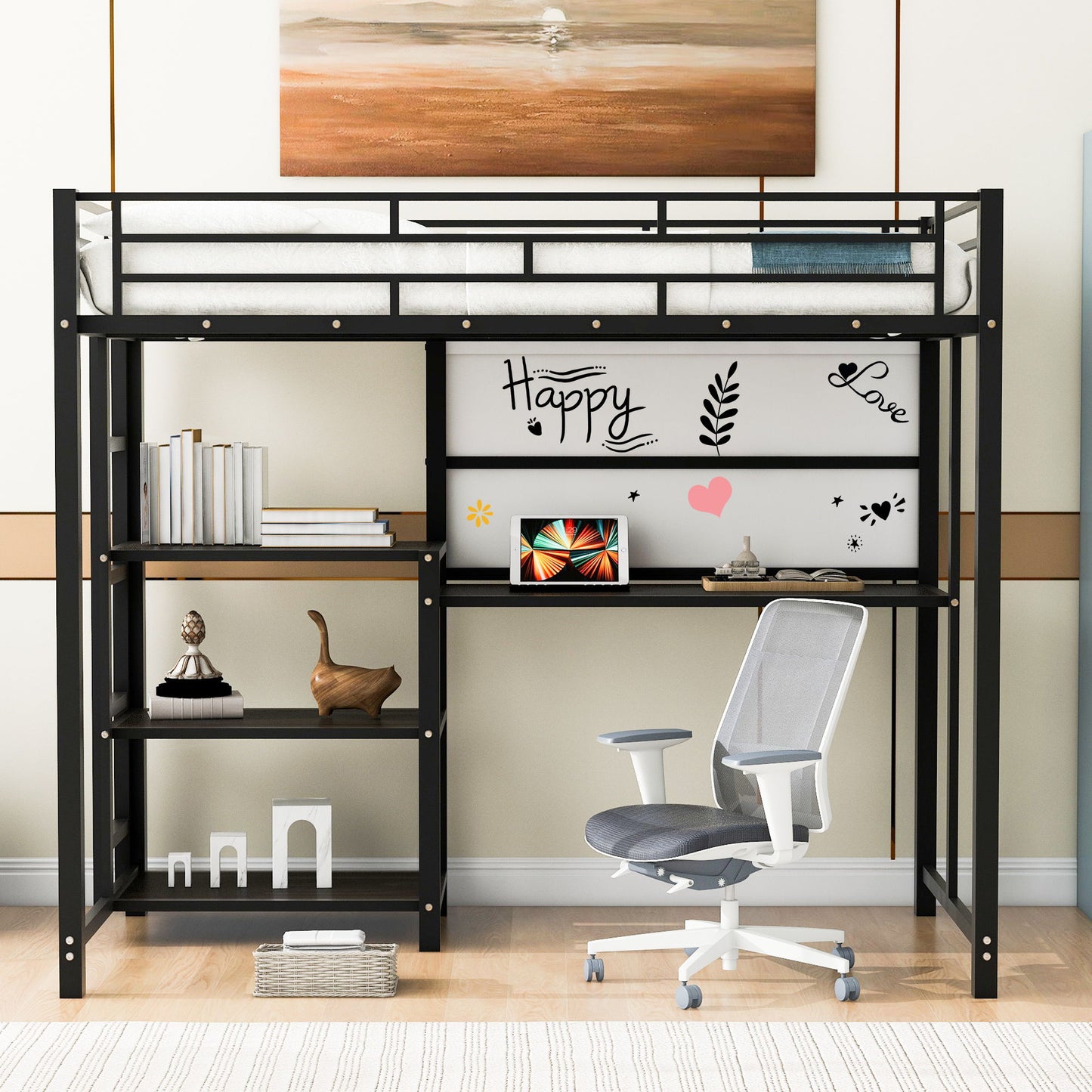 Metal Loft Bed With Desk, 3 Shelves And Ladder