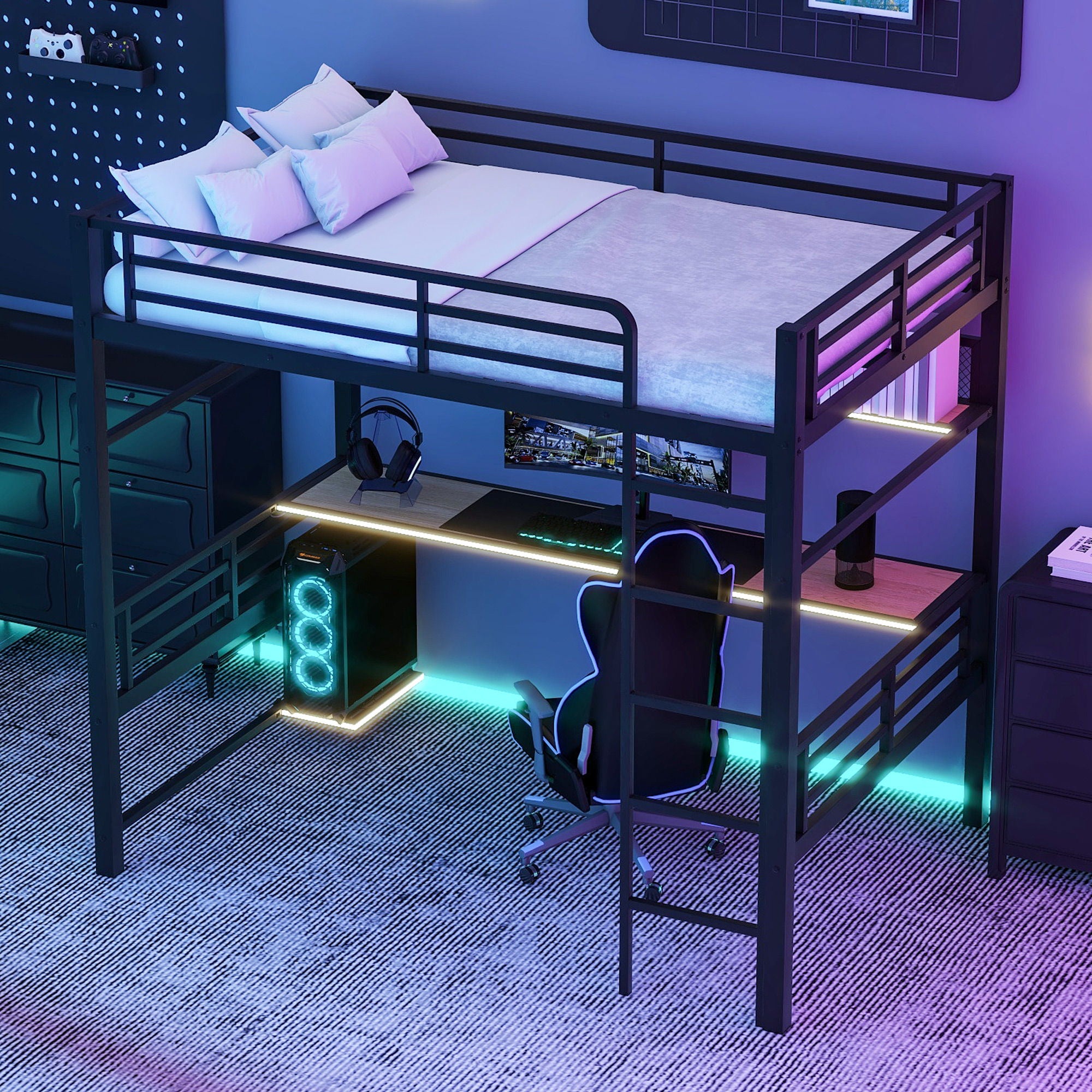 Full Size Loft Bed Frame With Storage Shelf And LED Light - Thumbnail 3