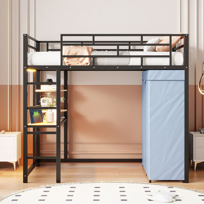Loft Bed With Desk, Shelves, Power Outlet, LED Light And Wardrobe