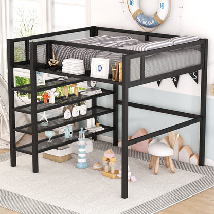 Loft Bed With 4 Tier Shelves And Storage