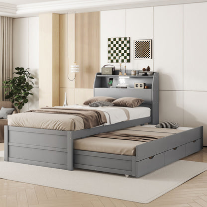 LED Platform Bed With Trundle With Storage Headboard With Drawers