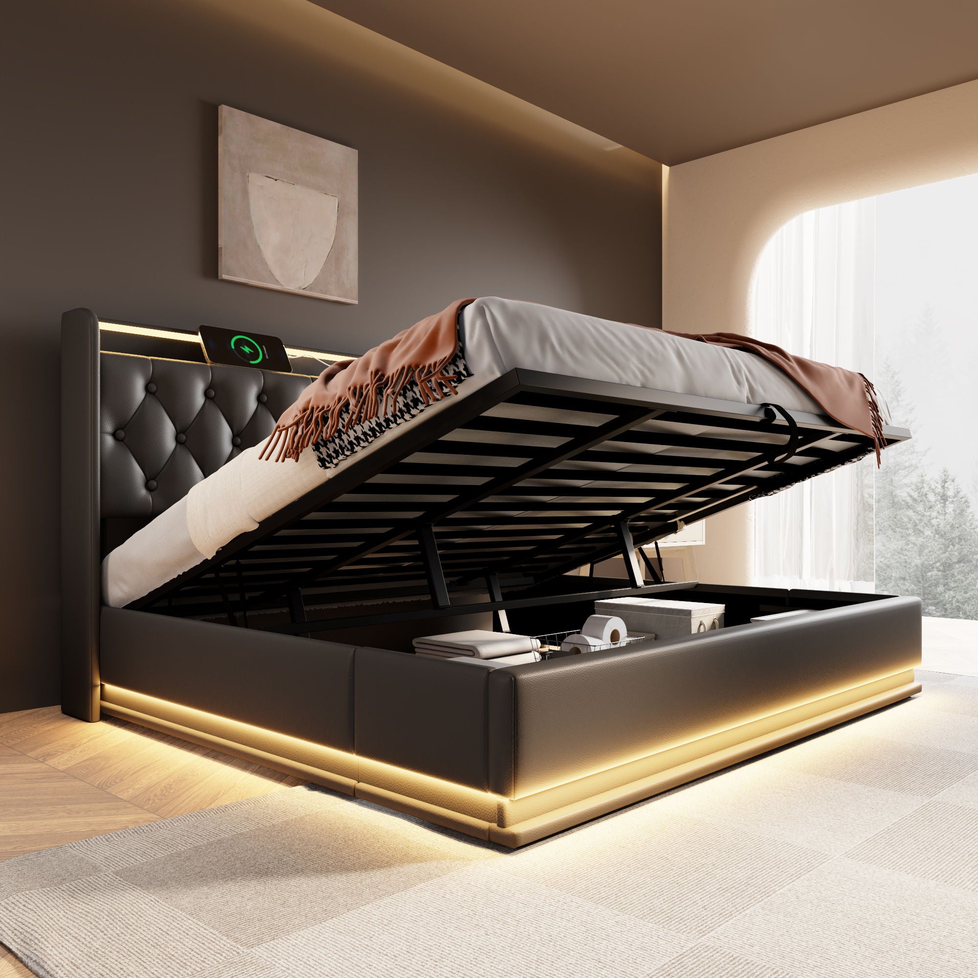 Upholstered Bed with LED, Remote Control, Hydraulic Storage, and USB Charging