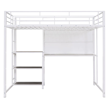 Metal Loft Bed With Desk, 3 Shelves And Ladder