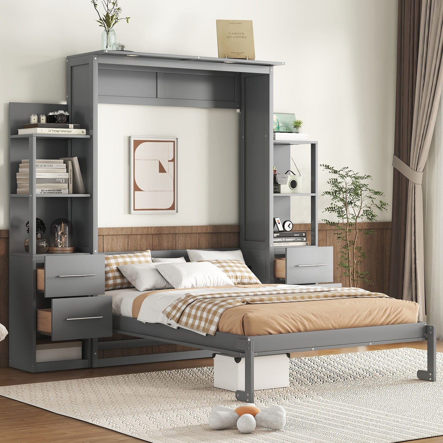 Murphy Wall Bed With LED Lights, Shelves And Drawers