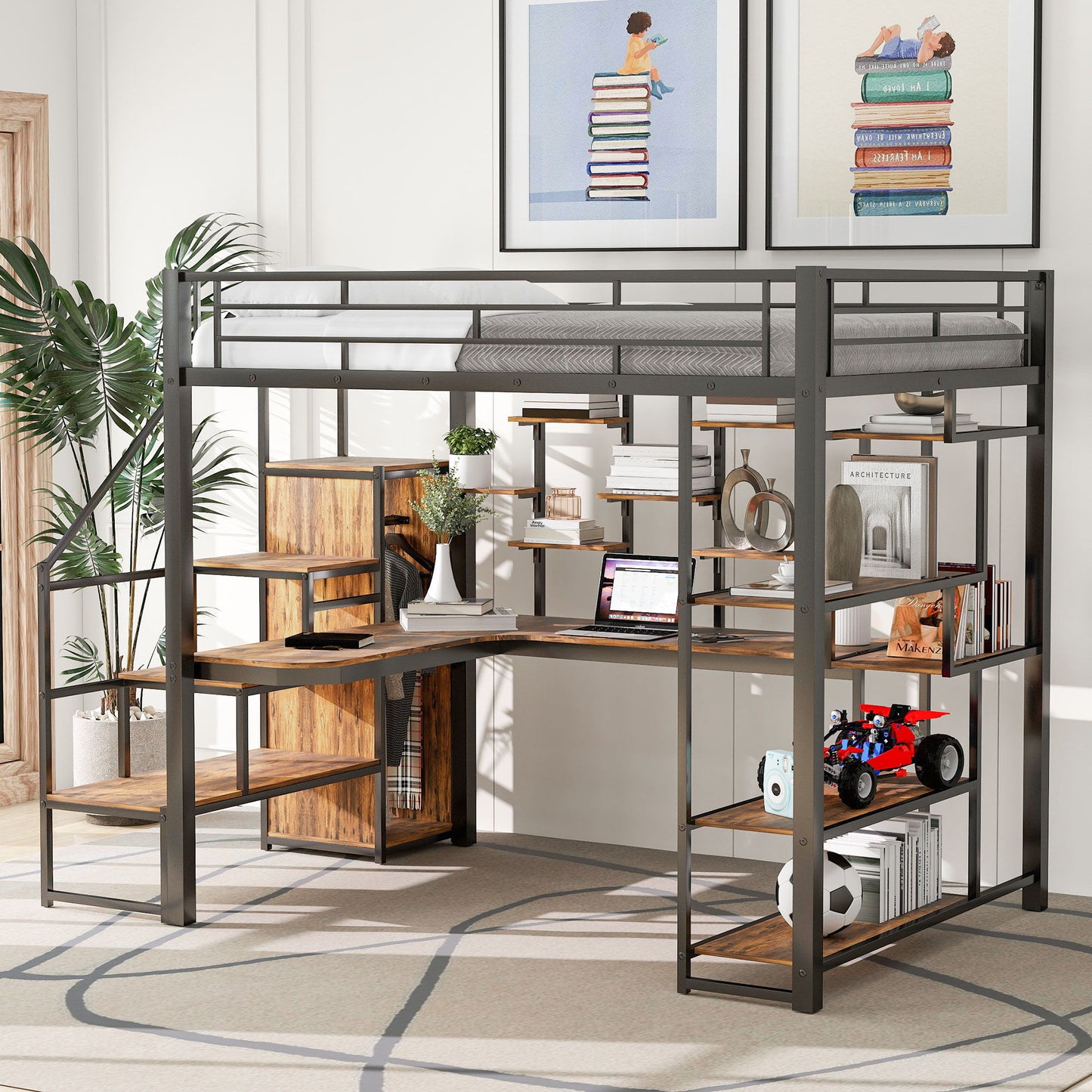 Loft Bed With Storage Staircase And Small Wardrobe, Built - In Desk And Storage Shelves