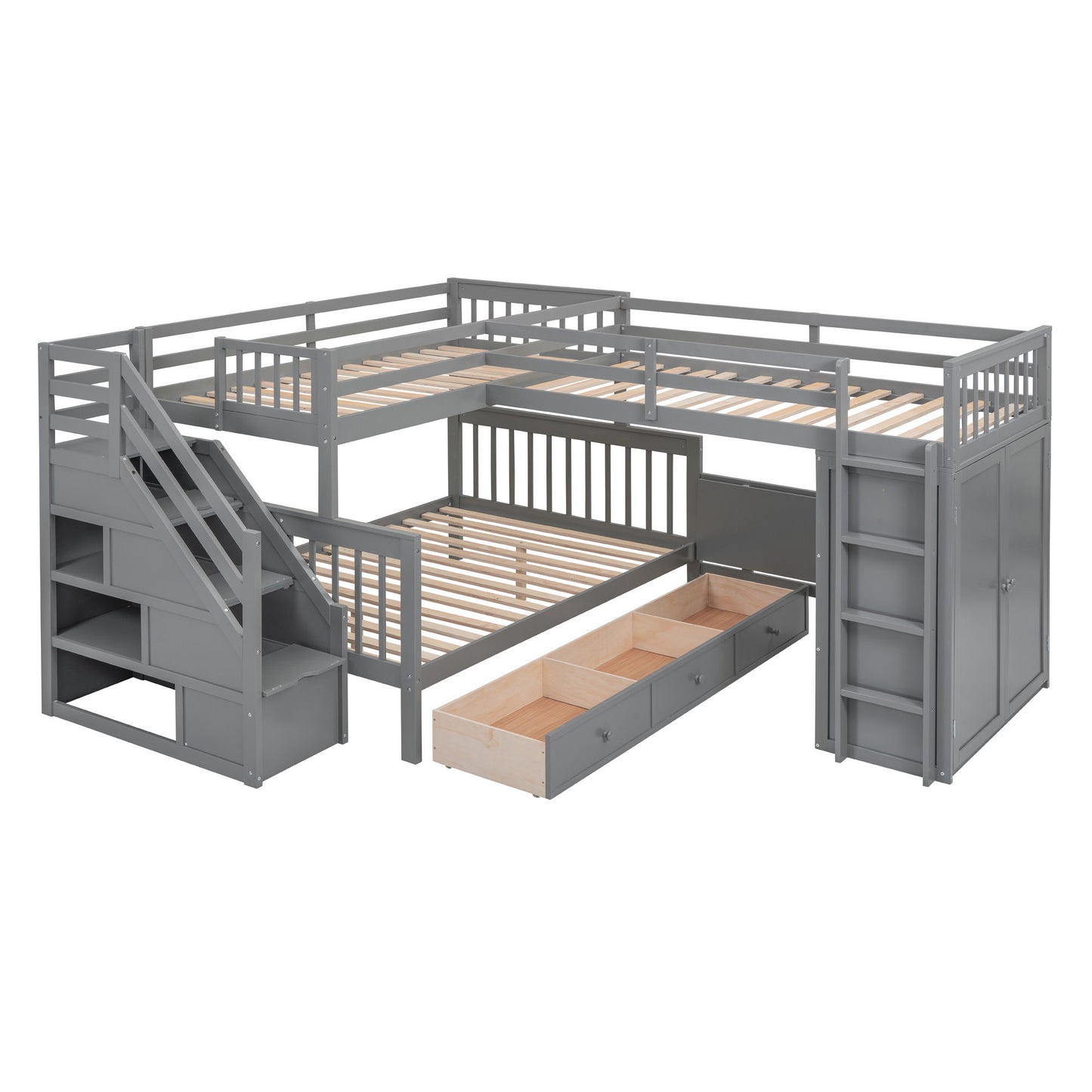 L Shaped Bunk Bed With 3 Drawers, Portable Desk And Wardrobe