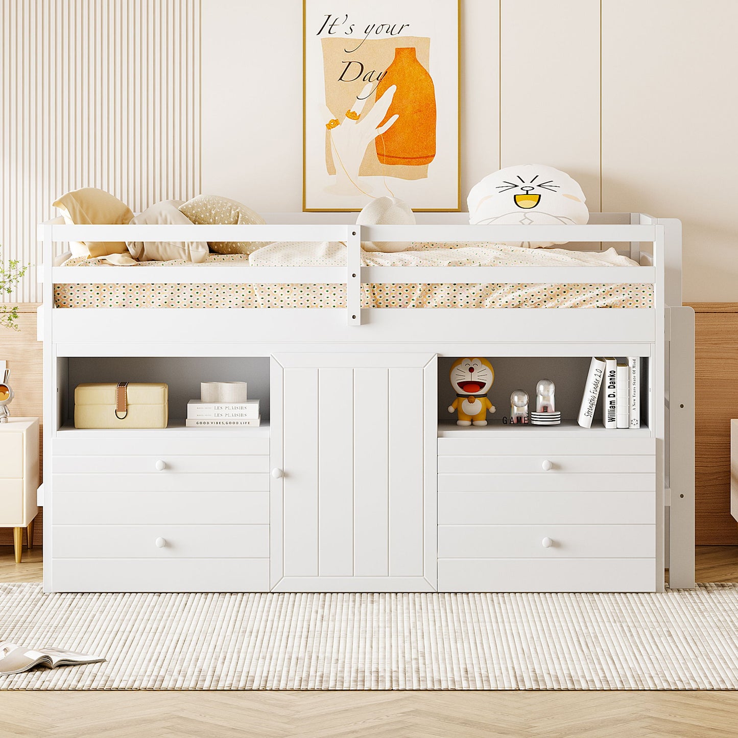 Loft Bed With 4 Drawers, Underneath Cabinet And Shelves