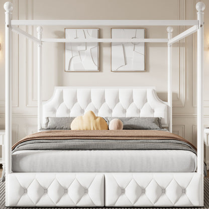 Canopy Platform Bed With Upholstered Headboard And 2 Storage Drawers - White