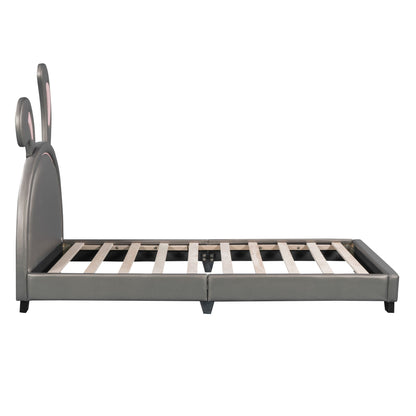 Upholstered Leather Platform Bed With Rabbit Ornament