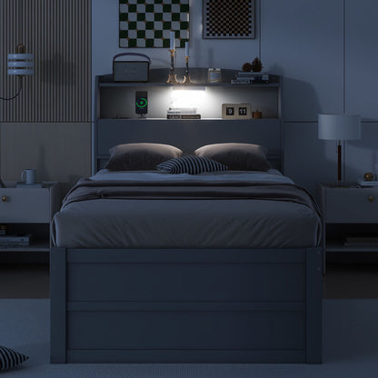 LED Platform Bed With Trundle With Storage Headboard With Drawers