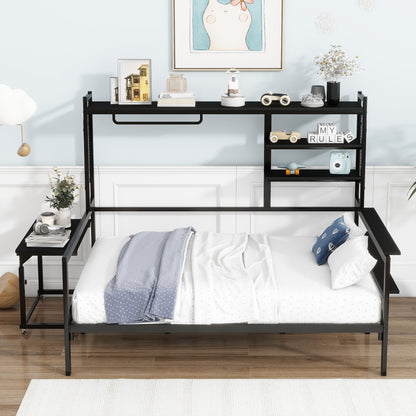 Daybed With Movable Desk, Grid, Shelves And Clothes Hanger