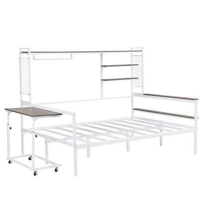 Daybed With Movable Desk, Grid, Shelves And Clothes Hanger