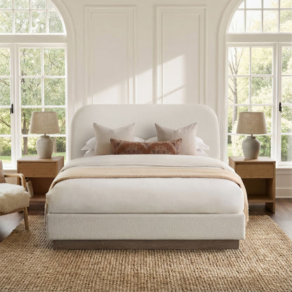 Linton - Queen Size Upholstered Platform Bed - Cream White / Light Grey / Camel Oak