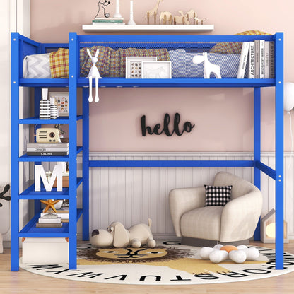 Loft Bed With 4 Tier Shelves And Storage
