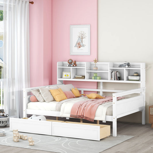 Daybed, Wood Slat Support, With Bedside Shelves And Two Drawers