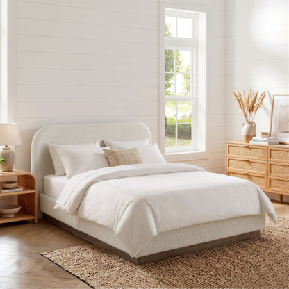 Linton - Queen Size Upholstered Platform Bed - Cream White / Light Grey / Camel Oak