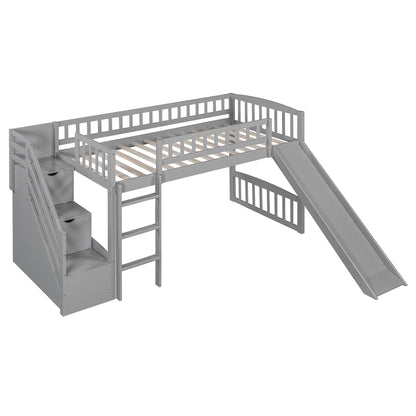 Loft Stairway Bed With 2 Drawers, Convertible Ladder And Slide