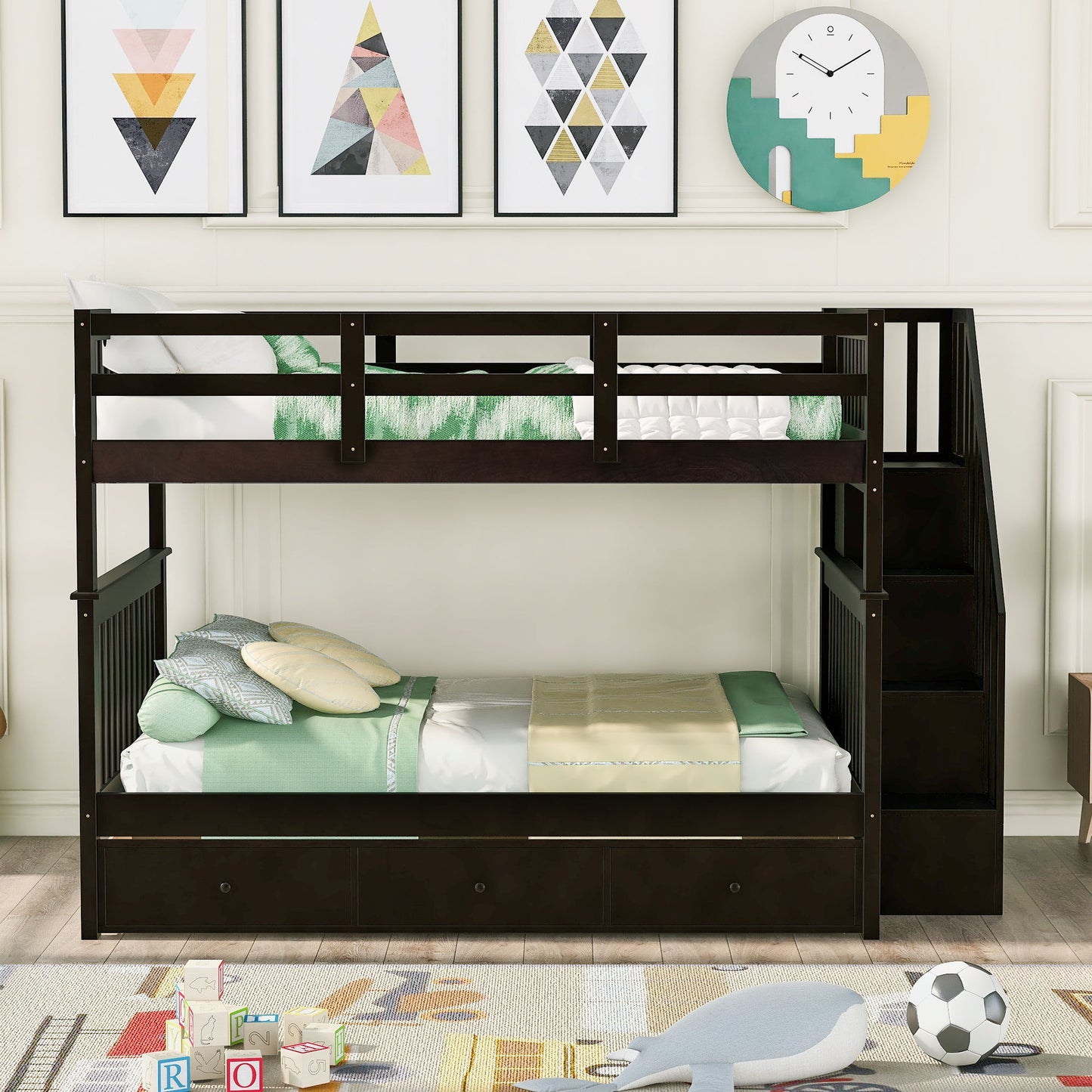 Stairway Bunk Bed With Storage And Guard Rail For Bedroom