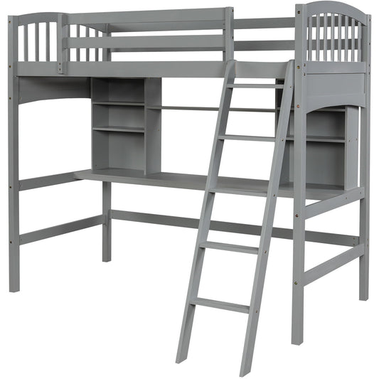 Loft Bed With Storage Shelves, Desk And Ladder